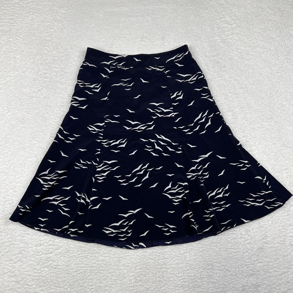 Banana Republic Skirt Womens 2 Navy Blue Pleated Midi A-Line Bird Print Zip